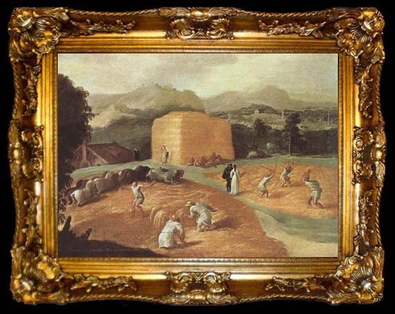framed  School of Fontainebleau Landscape with Threshers (mk08), ta009-2